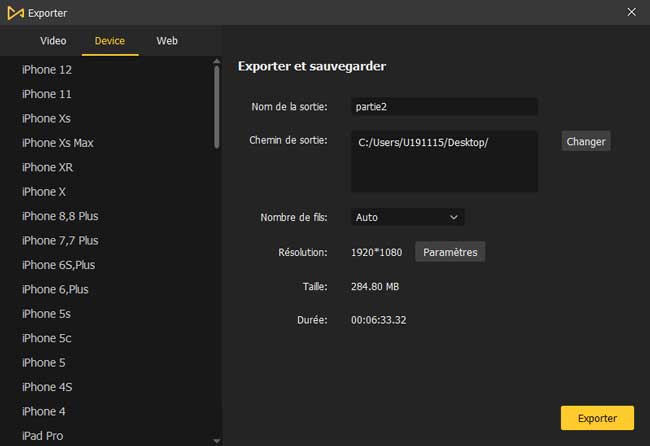 exporter une vidéo vers un appareil