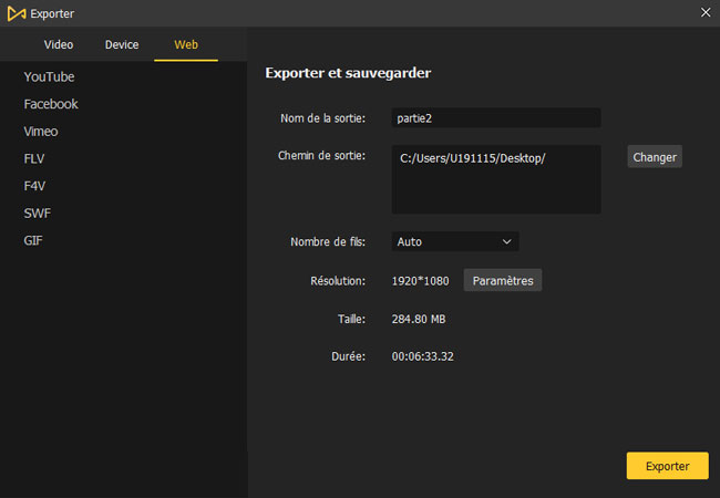 exporter une vidéo vers le web