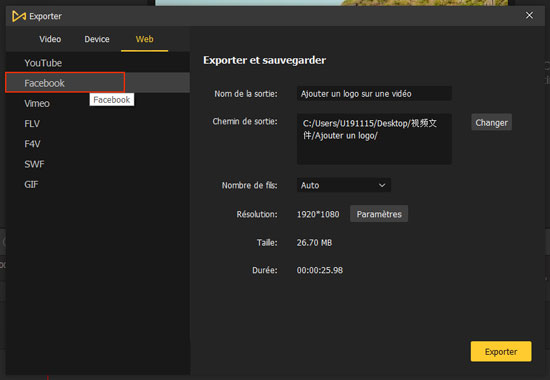 exporter la vidéo au format facebook