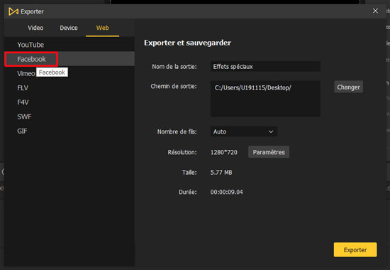 exporter la vidéo au format facebook
